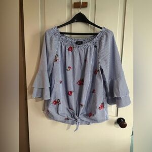 Alyx Blue & White Striped Off-Shoulder Blouse with Pink Rose Embroidery